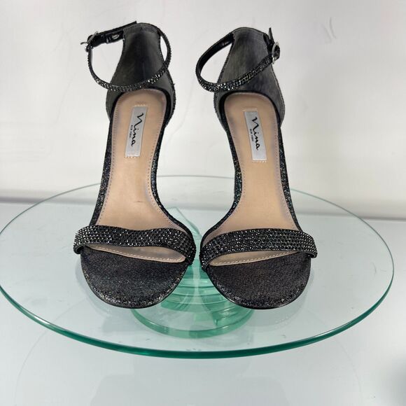 Nina Dayzee Heel Sandals Rhinestone Ankle Strap Black Iridescent - Picture 2 of 8